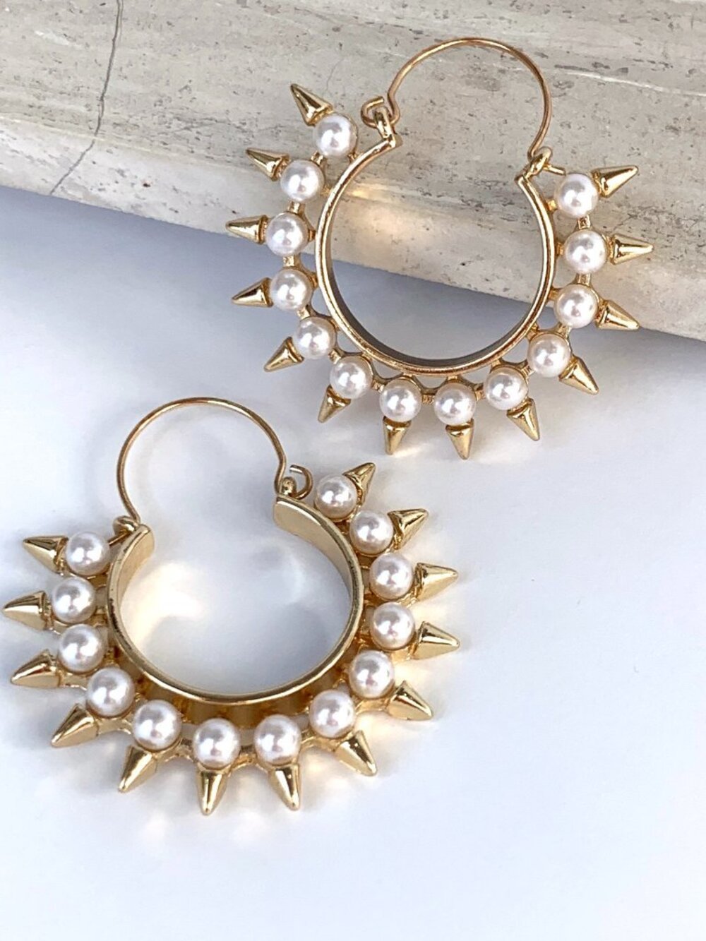 NEW Anthropologie Spiked Pearl Gold Hoop Earrings